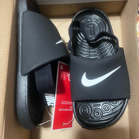 Nike Kids Black Slide Sandals with White Logo - Picture 2 of 4